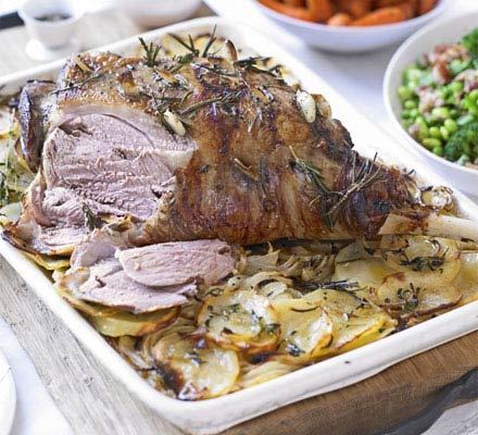 Garlic & herb roast lamb on boulangère potatoes