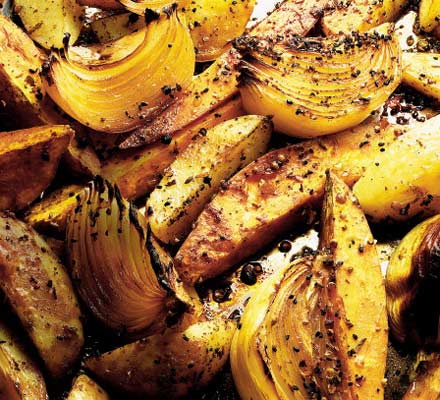 Asian-style baked onions, potatoes & sweet potatoes