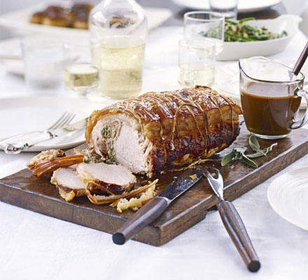 Roast loin of pork with sage & onion stuffing & gravy