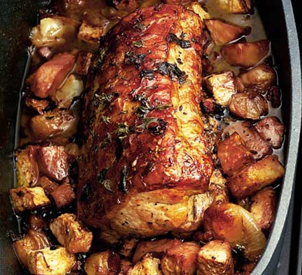 Pot-roast loin of pork with celeriac, shallots & pancetta