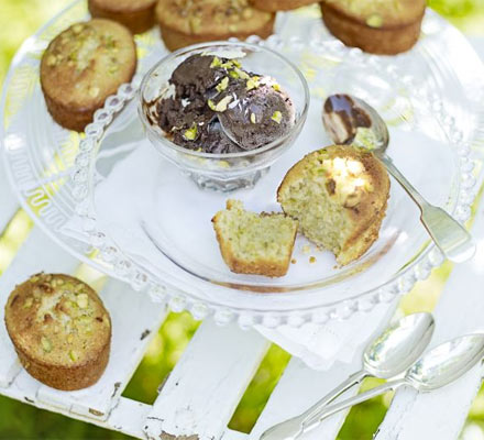 Pistachio friands with chocolate ice cream