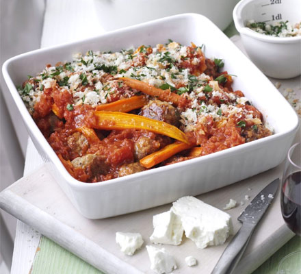 Saucy meatball & carrot bake with crispy feta crumbs