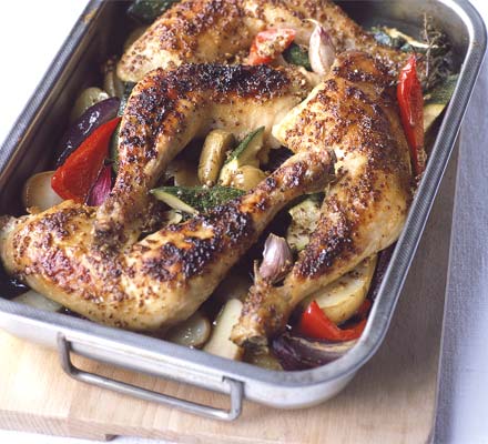 Maple roast chicken with potatoes & thyme