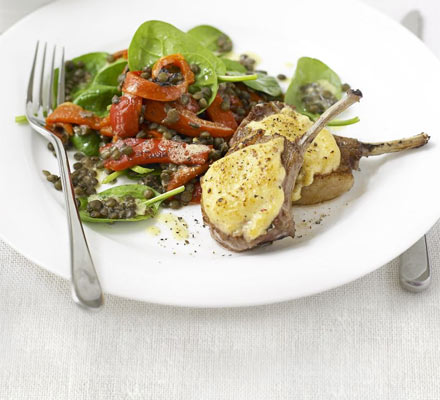 Hummus-crusted lamb with lentil salad