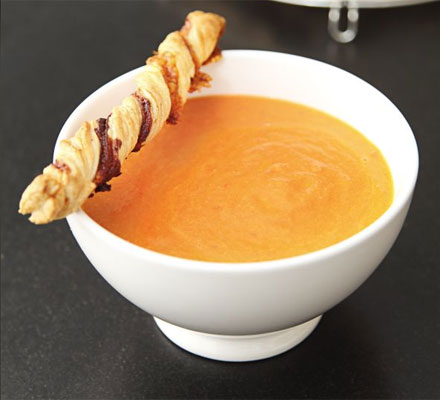 Tomato soup with cheese & Marmite twists