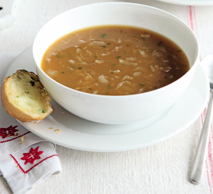 Onion soup with herby garlic cheese bread