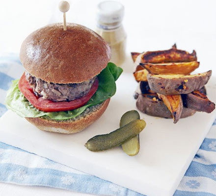 Beef burger with sweet potato chilli chips