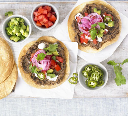 Black bean tostadas with avocado salsa