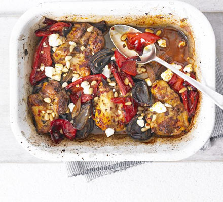 Harissa chicken traybake with peppers & feta