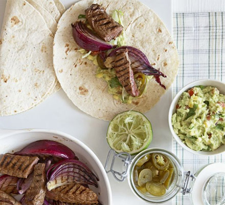 Steak & onion fajitas with sweetcorn salsa