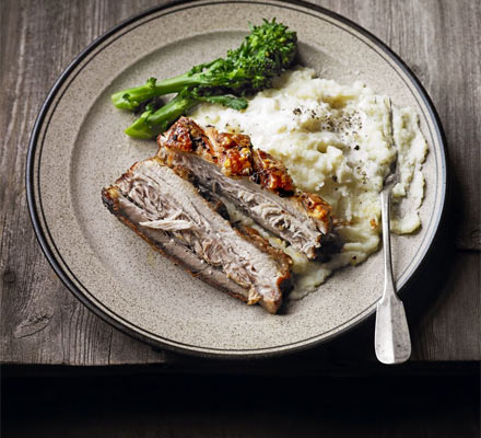 Slow-roast pork belly with celeriac & pear mash