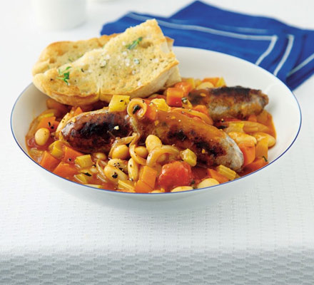 Sausage casserole with instant garlic bread