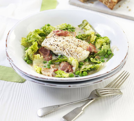 Cod with bacon, lettuce & peas