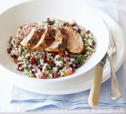 Spiced turkey with bulghar & pomegranate salad