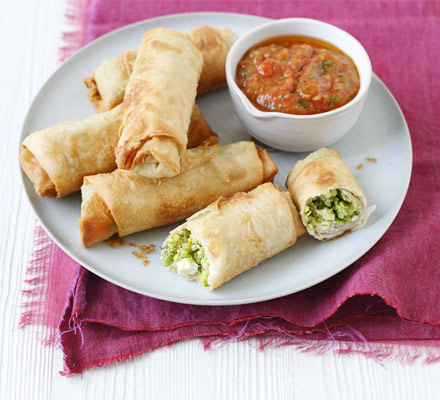 Pea, feta & quinoa spring rolls with roast tomato nam prik