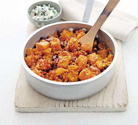 Squash, lentil & bean one-pot with fig raita