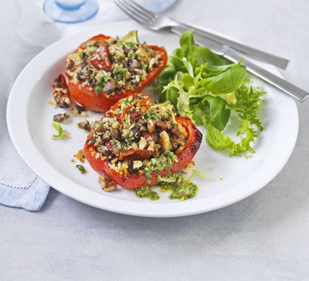 Mushroom, walnut & tomato baked peppers