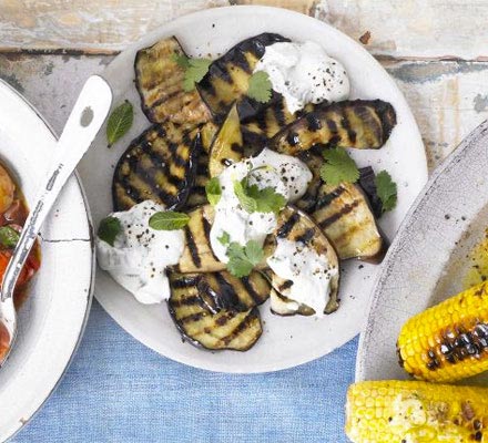 Griddled aubergines with sesame dressing