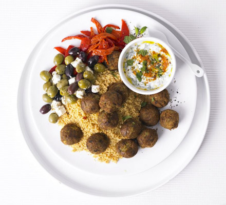 Couscous & falafel salad with minty yogurt