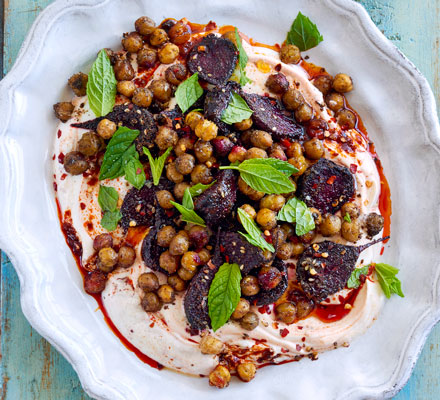 Roasted beetroot with za’atar, chickpeas & harissa yogurt