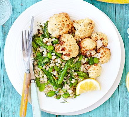 Roasted cauliflower with spring veg & barley salad