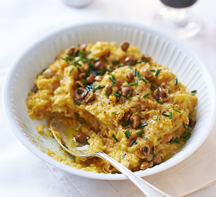 Mashed peppered roots with toasted hazelnuts