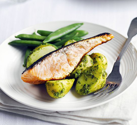 Salmon with salsa verde new potatoes