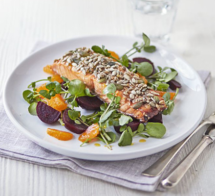 Sticky seeded salmon with satsuma salad