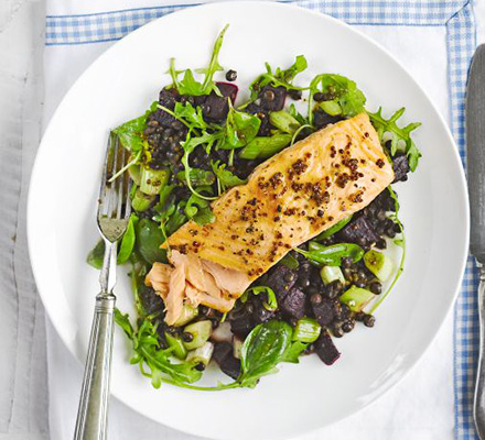 Honey mustard grilled salmon with Puy lentils