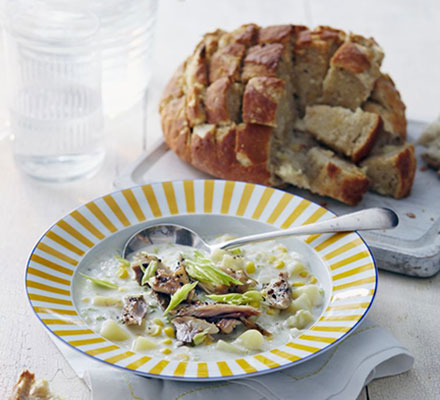 Smoked mackerel chowder with hedgehog garlic bread