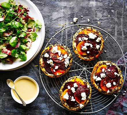 Spiced beetroot & feta tarts with tahini-dressed leaves