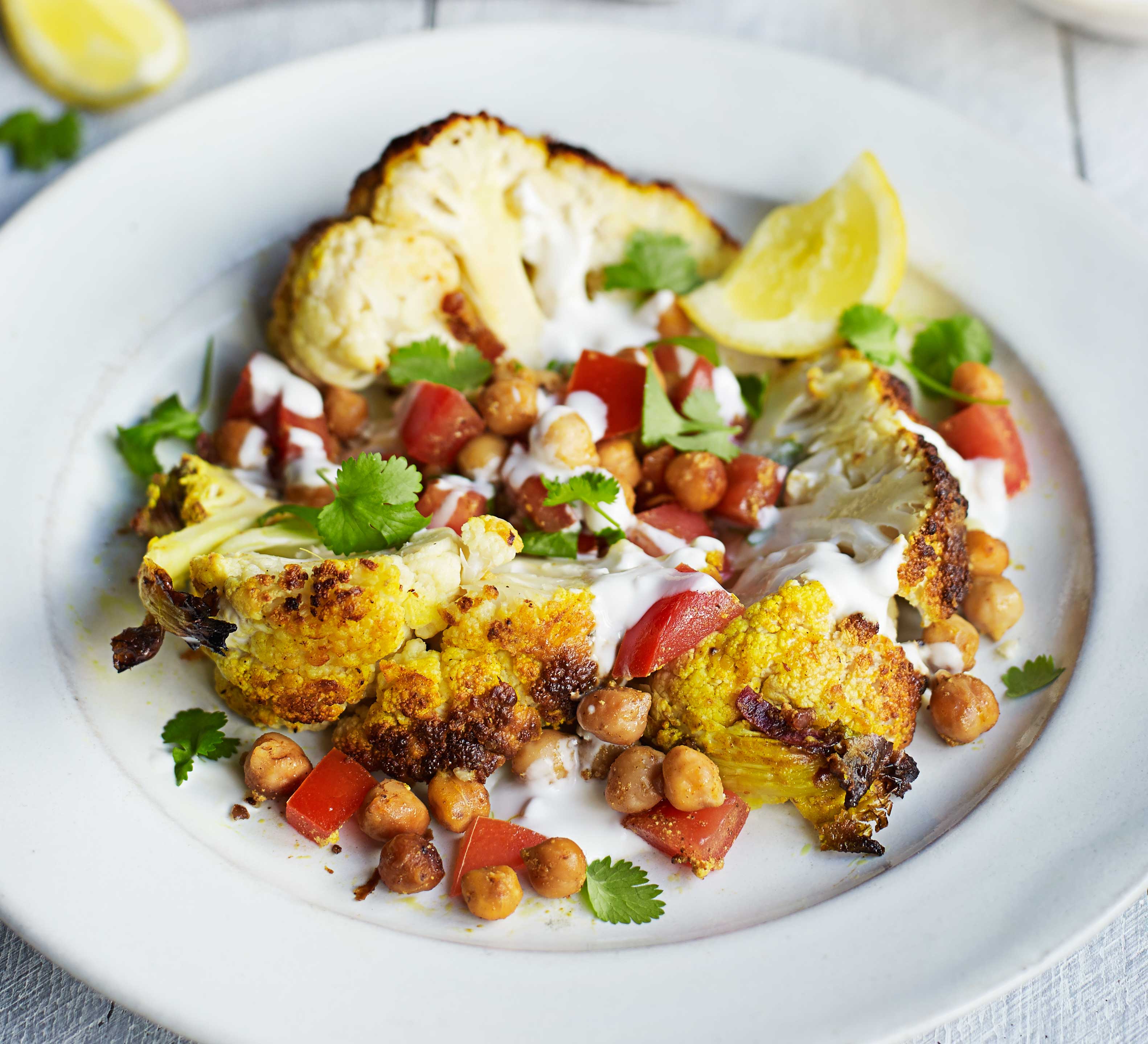 Spiced whole cauliflower & warm chickpea salad