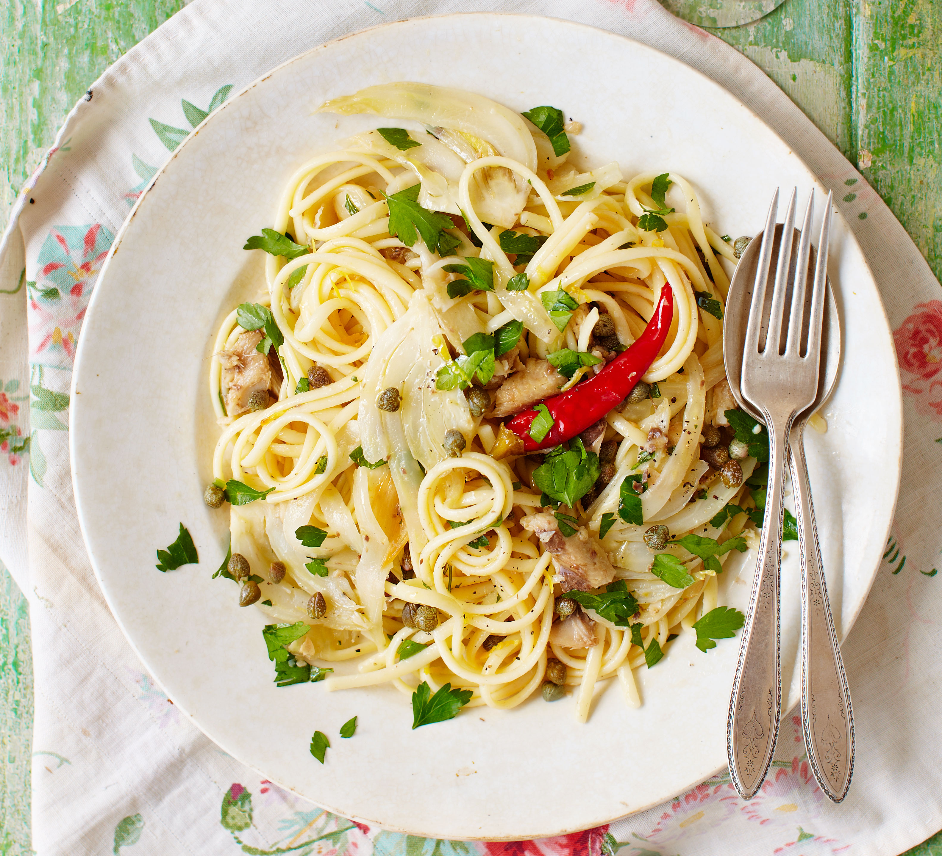 Spicy fennel linguine with sardines & capers