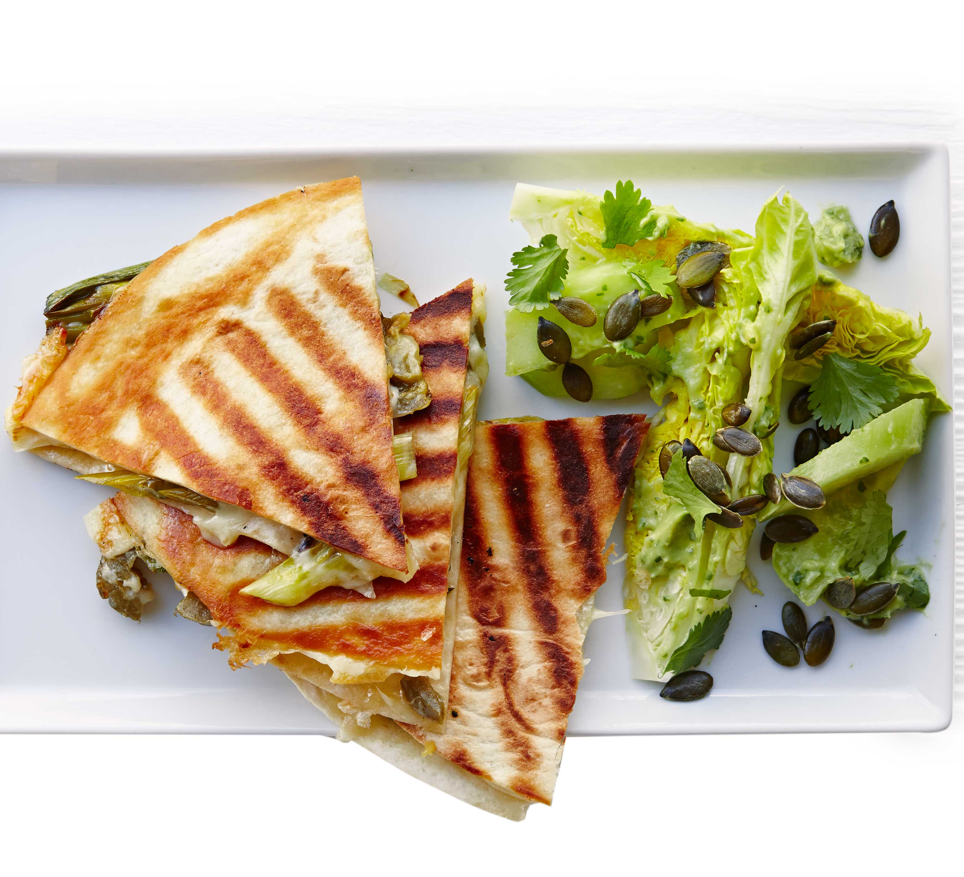 Spring onion quesadillas with guacamole salad