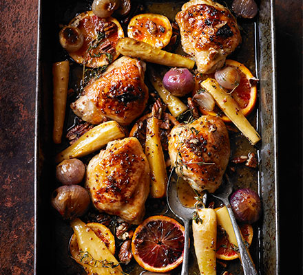 Sticky orange chicken with parsnips, maple & pecans