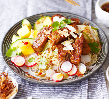 Sticky tempeh, mango & lime noodle salad