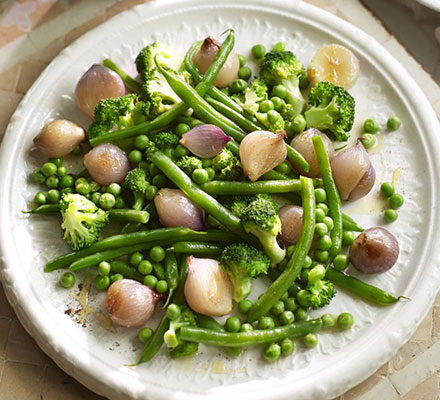 Warm greens & shallots with allspice dressing