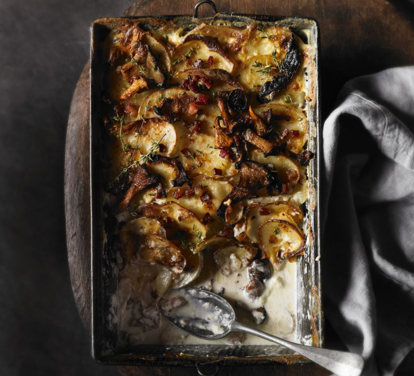 Wild mushroom, potato & pancetta gratin