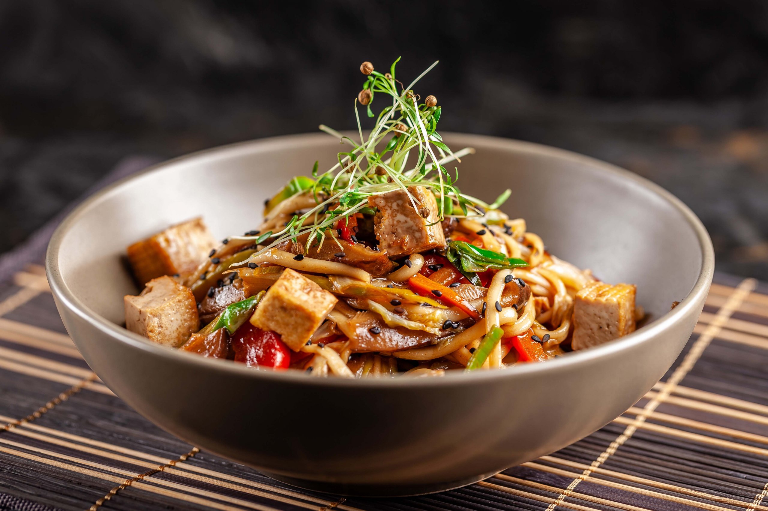 Sweet chilli tofu with pineapple stir-fried noodles 