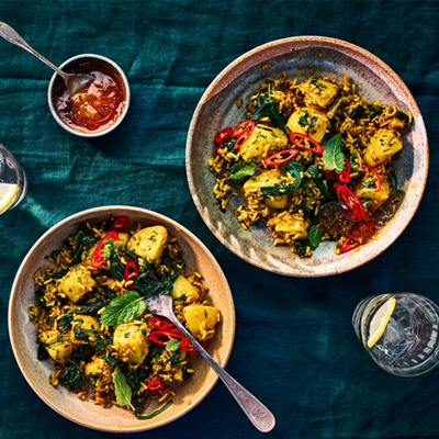 Cheat’s spiced spinach, turmeric & potato pilaf